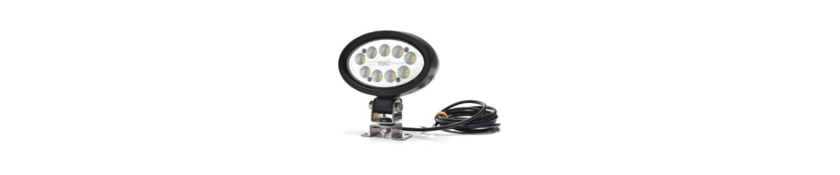 WAŚ oval LED work lamp showing the lens, bracket and cable