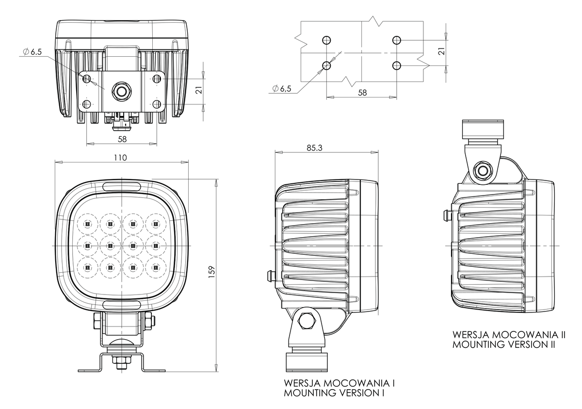 WAŚ W1301 lamp – manufacturer housing and mounting dimensions