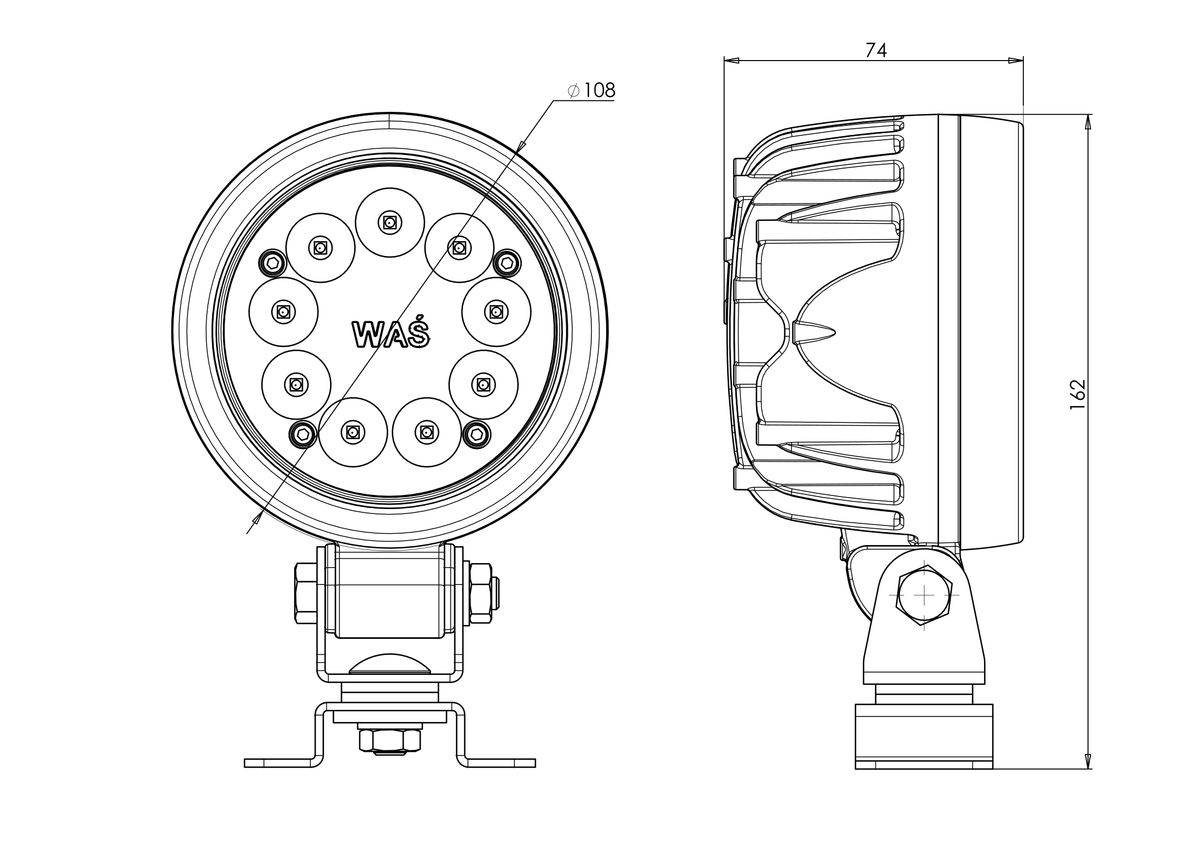 WAŚ W162-skupione lamp – manufacturer housing and mounting dimensions