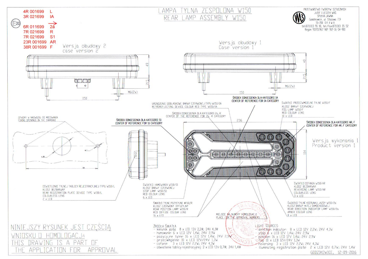 WAŚ W150 approval drawing with 236 × 104 mm dimensions and mounting points