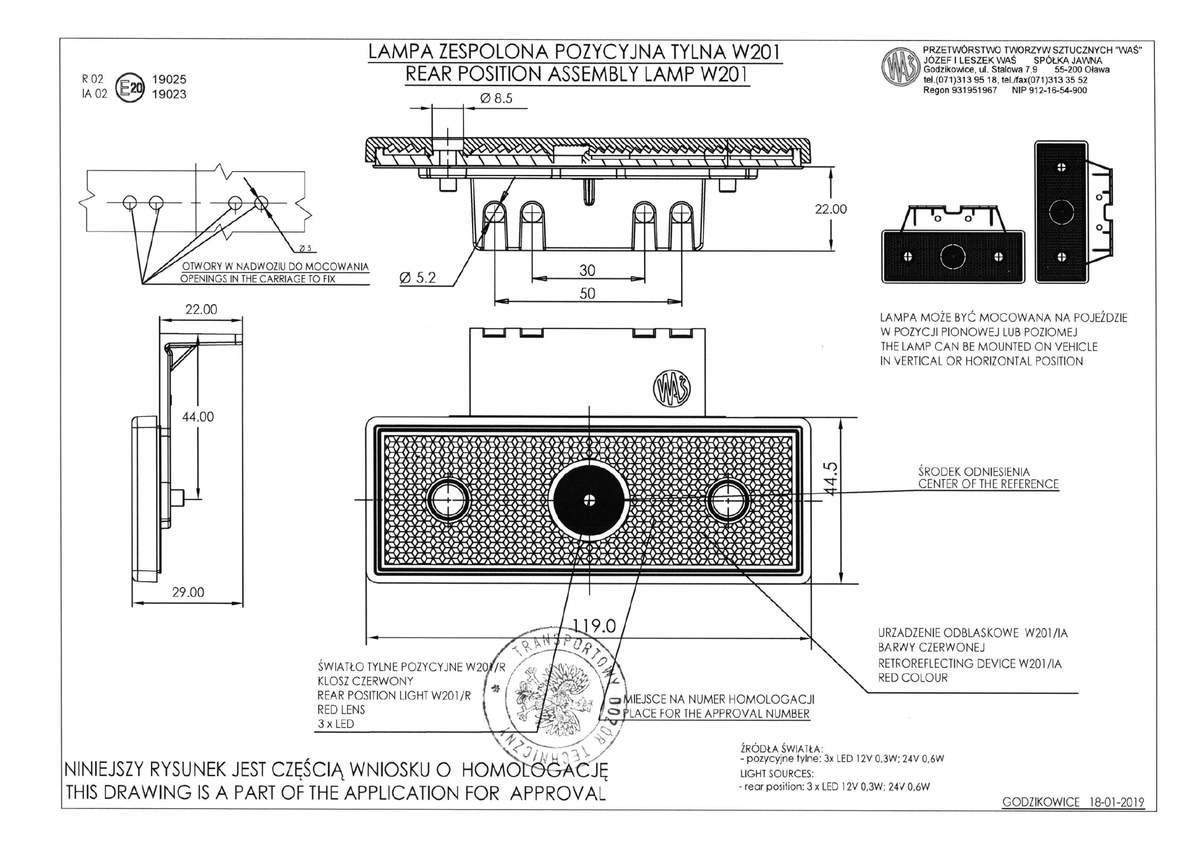 WAŚ W201 EC1413 dimensions, mounting version II