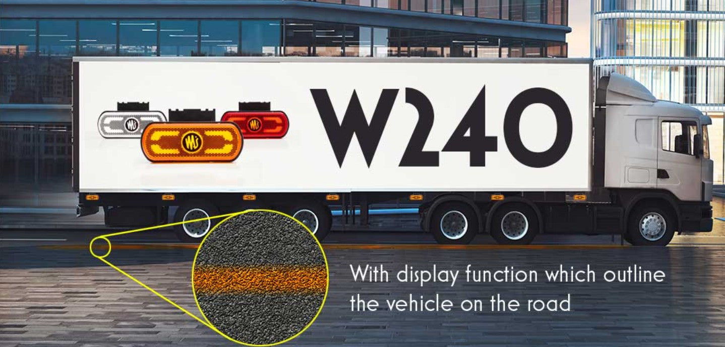 Side Marker Lamp with Indicator & Logo, 12/24V, W240 - Euromotive Lighting & Signal