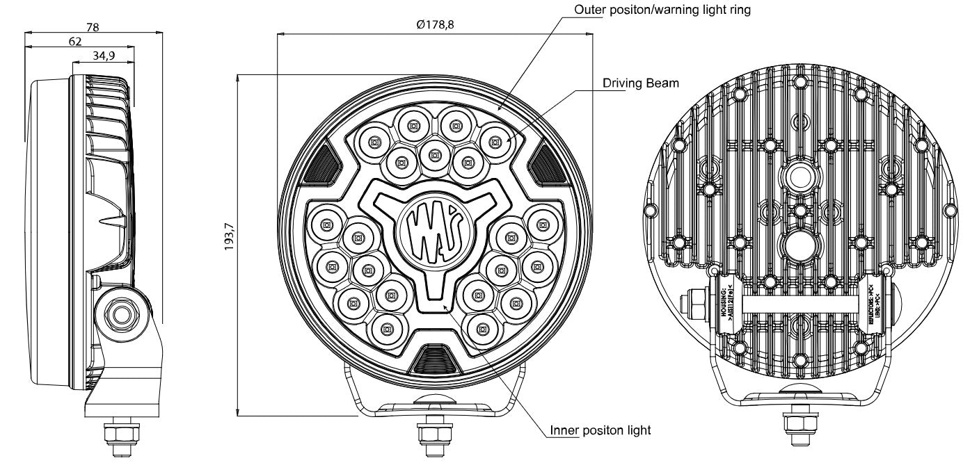 Spot driving lamp, DRL, side Marker, 9000lm, 12/24V W257 Blk - Euromotive Lighting & Signal