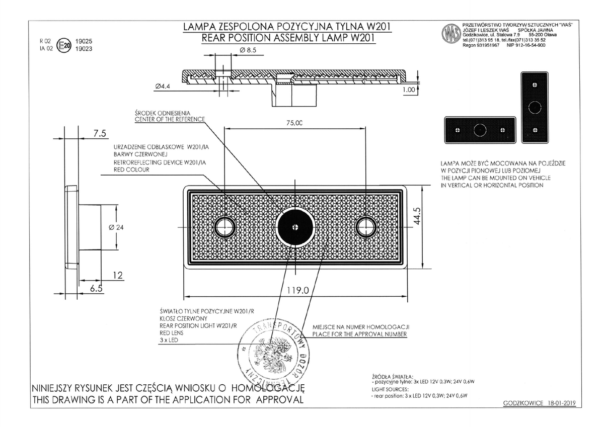 WAŚ W201 EC1413 dimensions, mounting version I